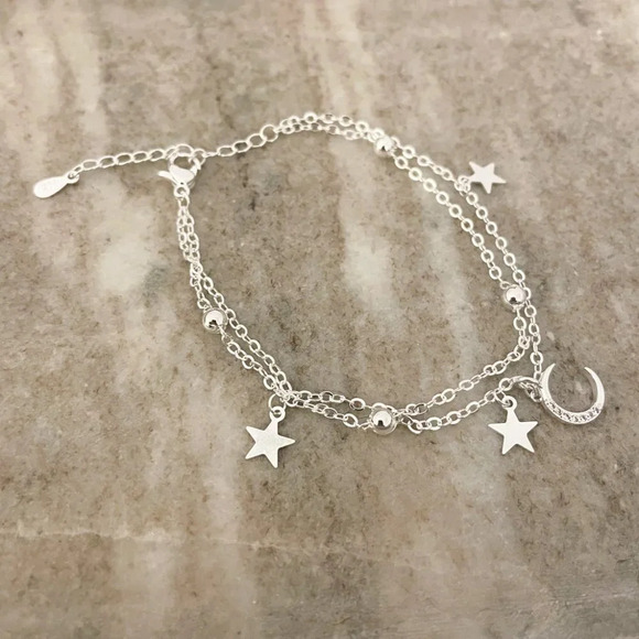 925 Sterling Silver Multi-Layer Bracelet Dainty Moon and Star Bracelet - Picture 2 of 5